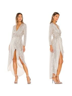 Resa Cher Maxi Wrap Dress Silver Sequins Excellent Size S